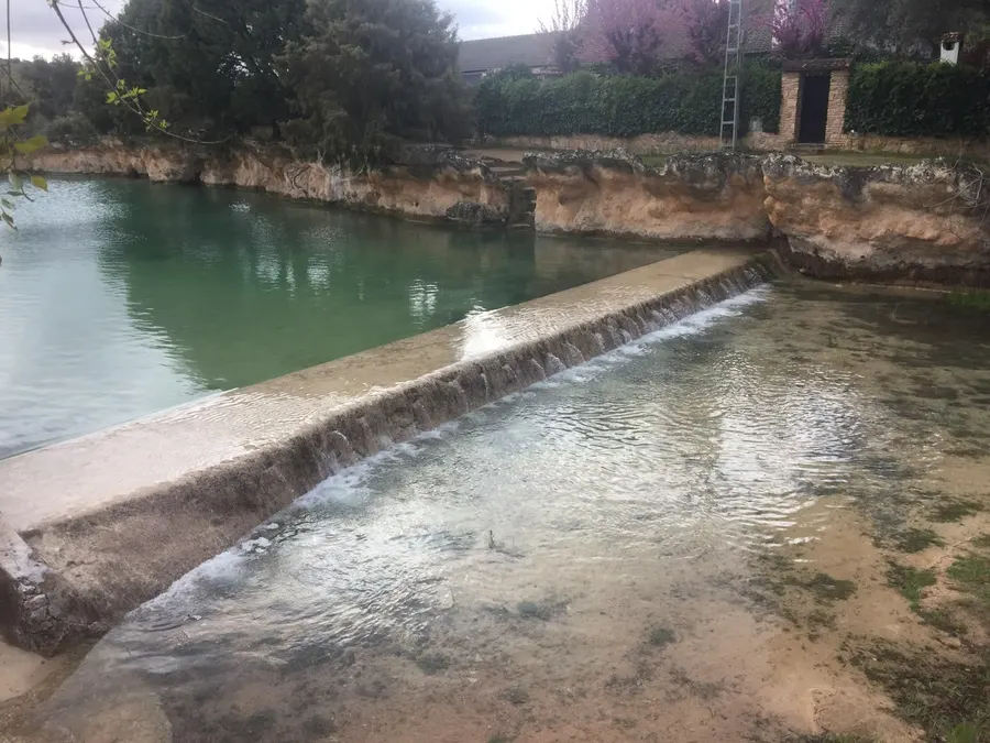 El agua de la Laguna de San Pedro cayendo por la barrera de toba caliza hacia la Laguna Redondilla, en el Parque Natural de Ruidera