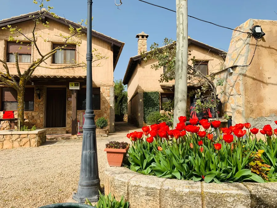 Arriate de tulipanes rojos en flor delante de dos cabañas de piedra de dos alturas de El Acuífero, junto a una farola de fundición