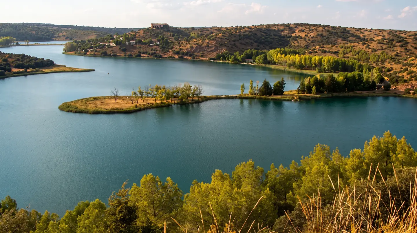 Panorámica de las Lagunas de Ruidera al atardecer, con el agua turquesa, la isla de árboles y los pinos del primer término